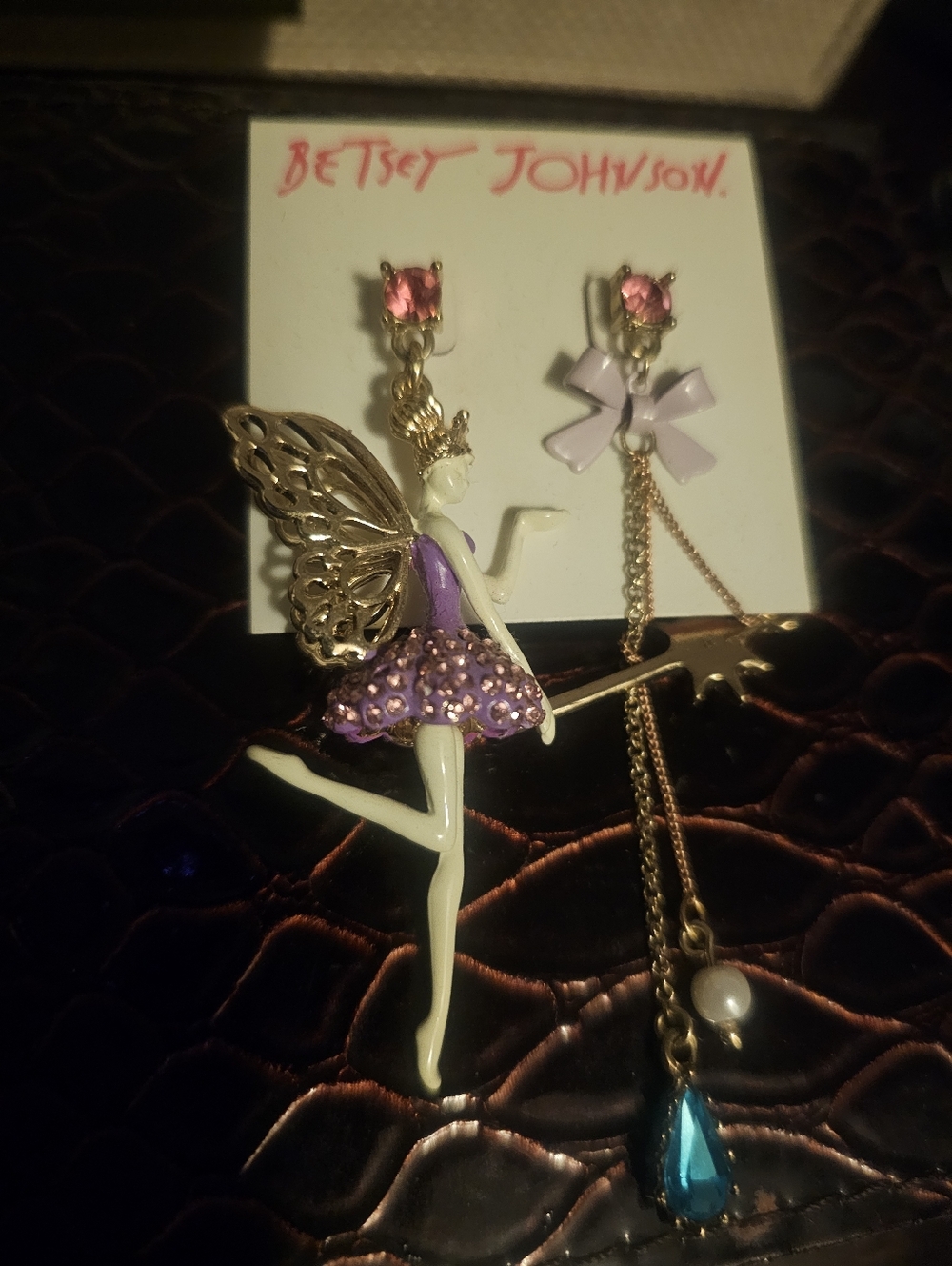 Betsey Johnson Gold & Purple Fairy Asymmetrical Dangle Earrings with Pink Stones